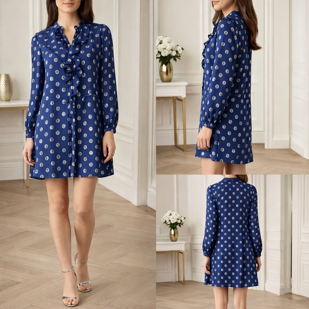 SALONI Navy Blue Silk Polka Dot Ruffle Front Shirt Dress | Size US 6